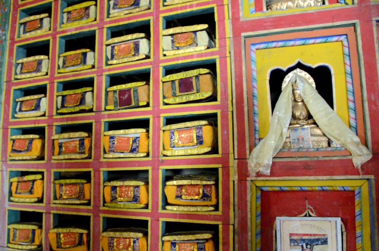 21 Buddhist Scripture Books And Amitayus Statue Inside Tashi Lhakhang Gompa In Phu 